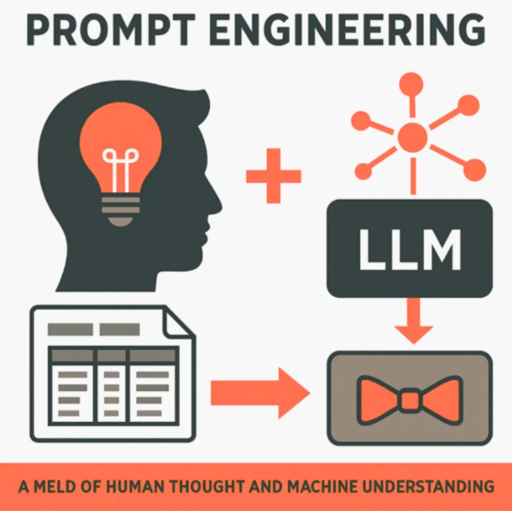 Illustration titled 'Prompt Engineering': a human head containing a lightbulb, plus a network node icon and a large language model block, feeding a data table into a bowtie diagram, captioned 'a meld of human thought and machine understanding'.