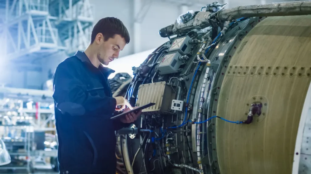 Engineer in coveralls using a tablet beside an opened turbine engine in a maintenance hall.
