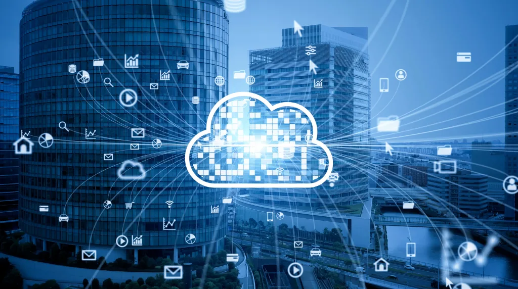 Conceptual illustration of cloud and on-premise deployment: a glowing cloud icon over a city skyline, surrounded by icons for devices, messaging, analytics and connected services.