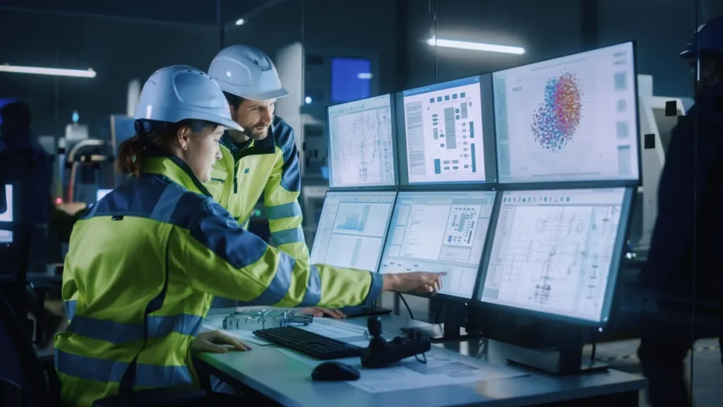 Two engineers in high-visibility jackets and hard hats working at a multi-screen control desk showing dashboards and schematics.
