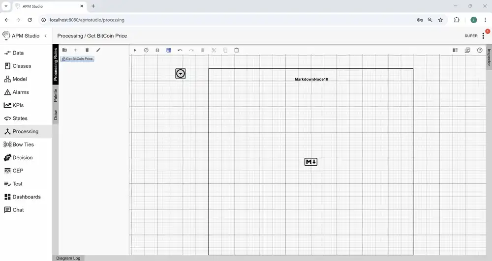 APM Studio processing canvas showing a REST call rule that fetches a Bitcoin price, with the request node connected to a markdown output node.