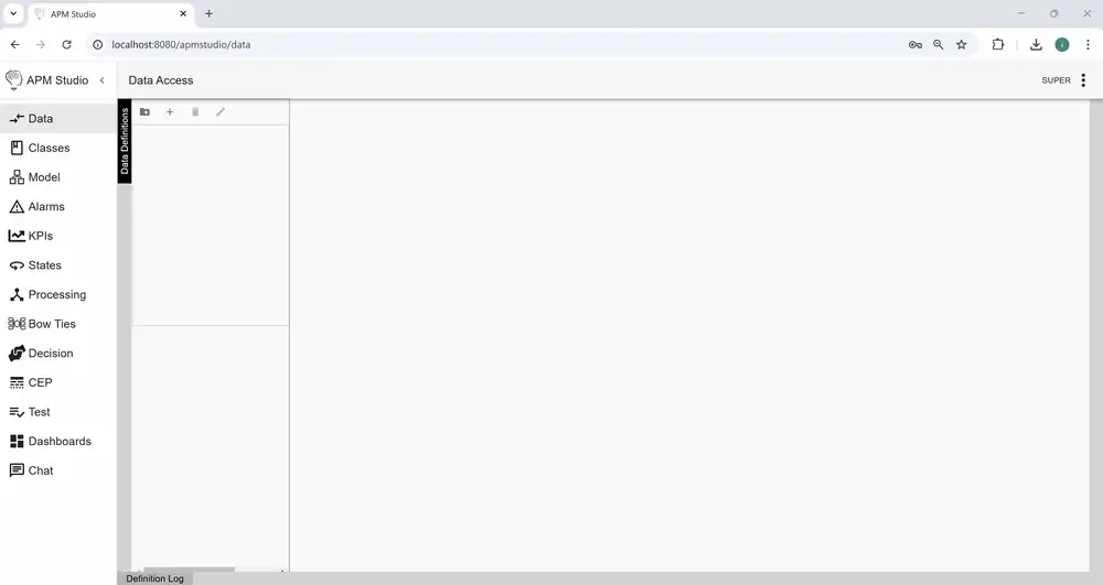 APM Studio data access screen, where a Modbus TCP master connection is configured.