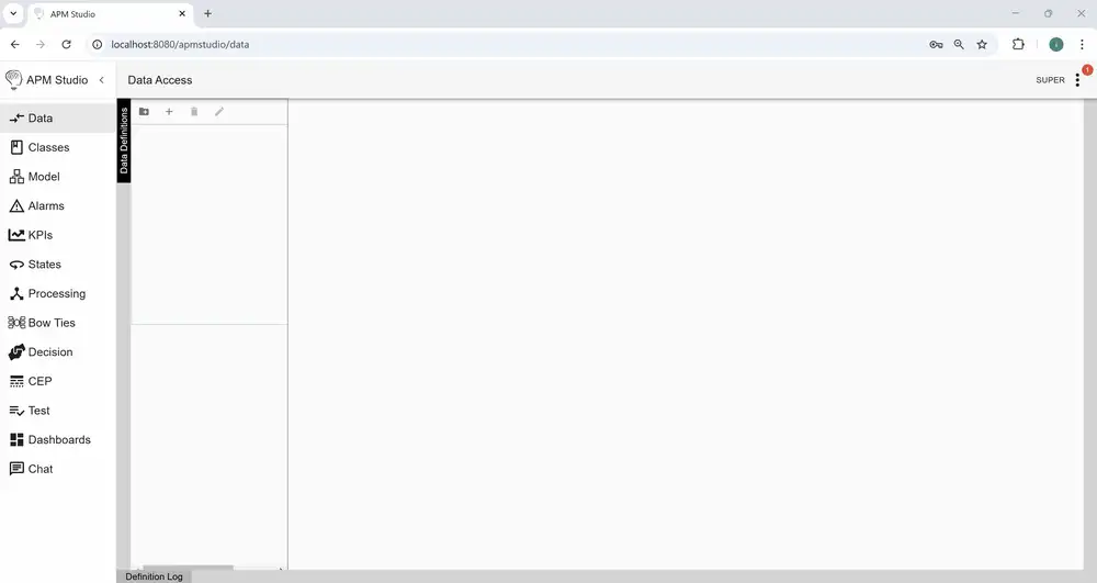 APM Studio data access screen, where an OPC UA client connection is configured.