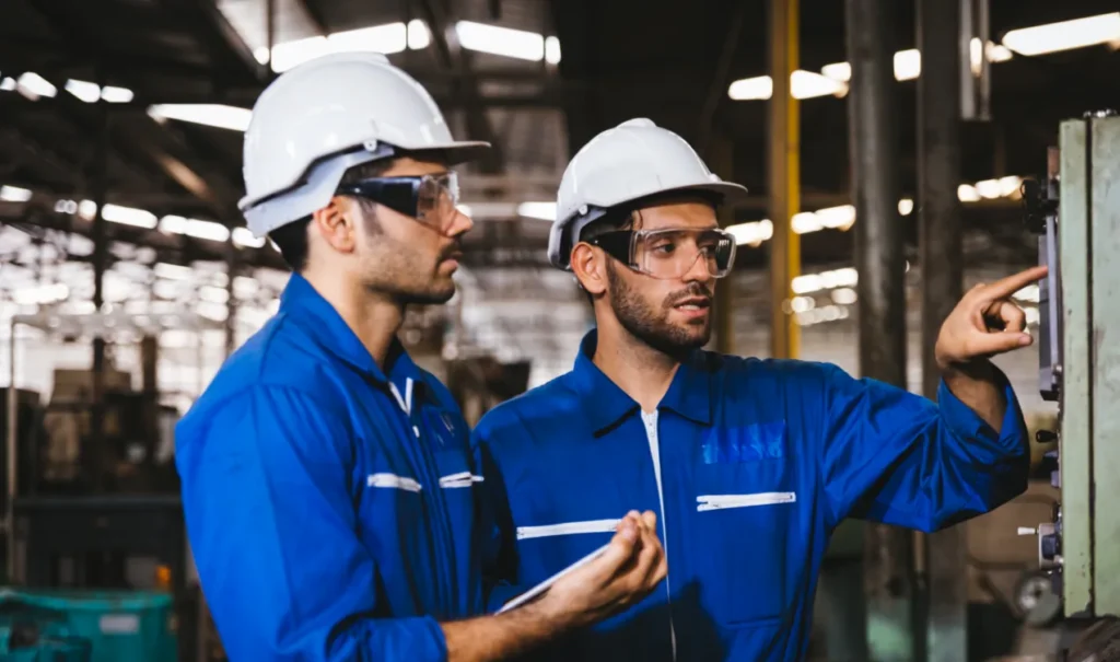 Two workers in blue coveralls, hard hats and safety glasses inspecting a control panel in a plant, one pointing at the display.