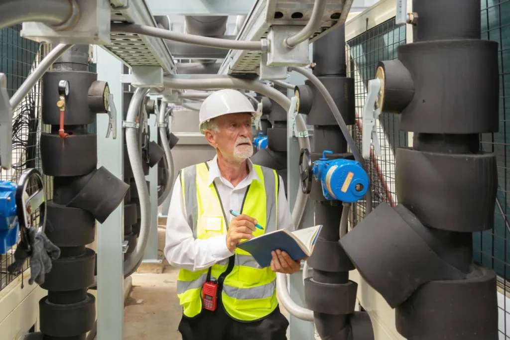 Engineer in a hard hat and high-visibility vest taking notes beside large insulated pipework and valves inside a plant.