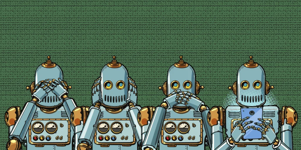Retro comic-style illustration of four robots in a row, one holding a smartphone.