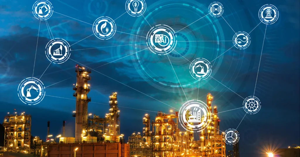 Refinery lit at night, overlaid with connected circular icons for AI, energy, robotics and manufacturing.