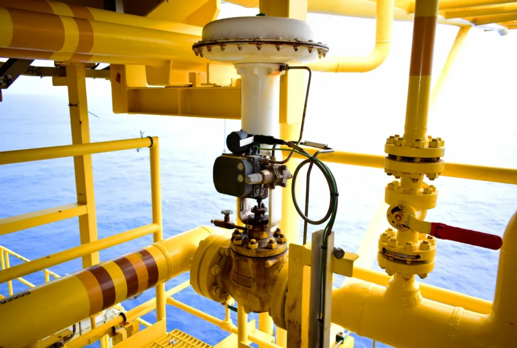 Control valve with a pneumatic actuator on yellow pipework on an offshore platform, with the sea behind.