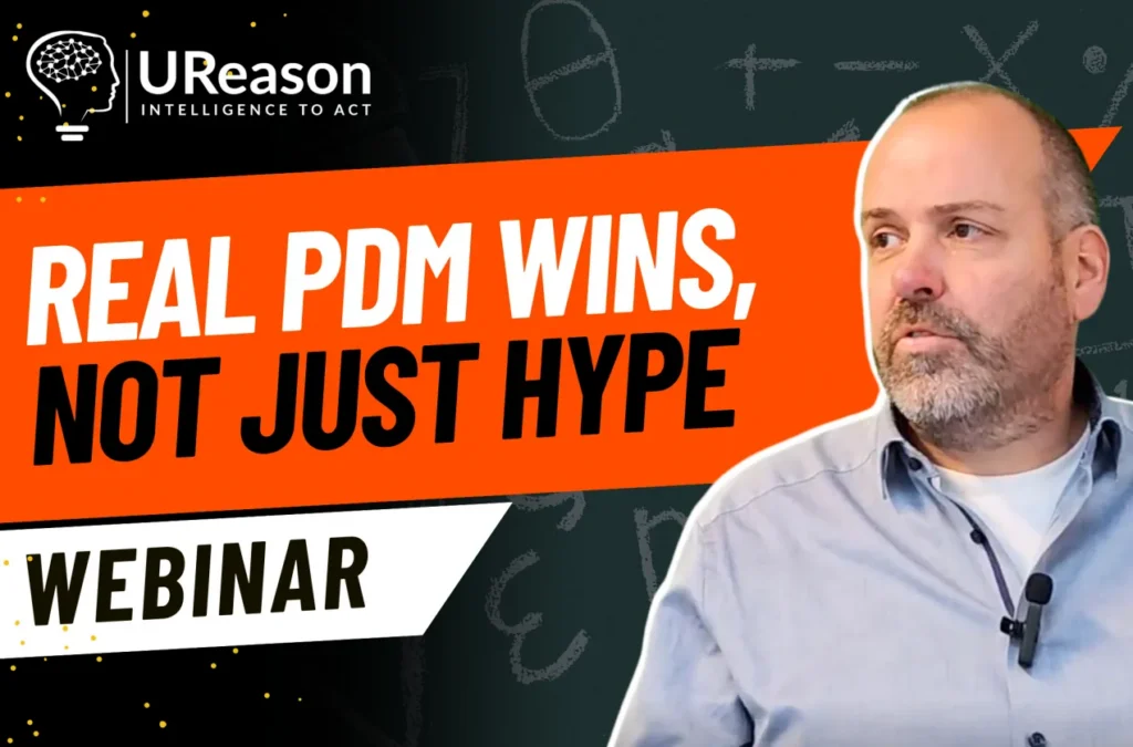 UReason webinar title card reading 'Real PdM wins, not just hype', with a presenter against a chalkboard background.