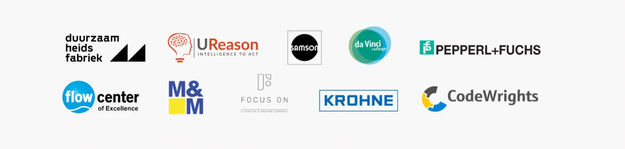SMITZH ‘OI4 Demonstrator’ Project Partners of the OI4 Demonstrator including the logos of Duurhaamzeidsfabriek, UReason, Samson, Da Vinci College, Pepperl & Fuchs, Flow Center of Excellence, M&M software, FOCUS-ON, KROHNE, and Codewrights