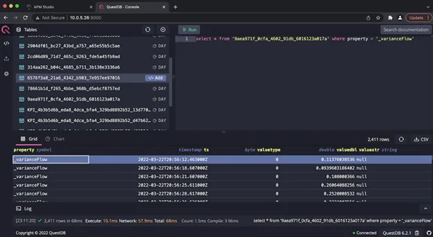 Time Series Historian in APM & APM Studio Web UI showing the tables autogenerated for Model objects in APM