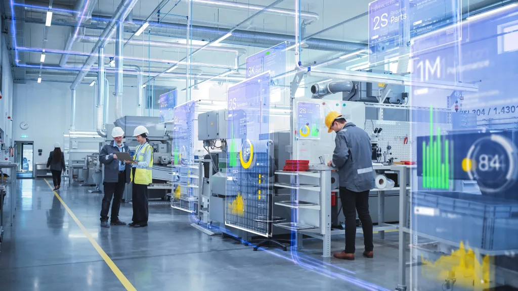 Factory floor with engineers in hard hats inspecting machinery, overlaid with translucent data panels showing production figures.