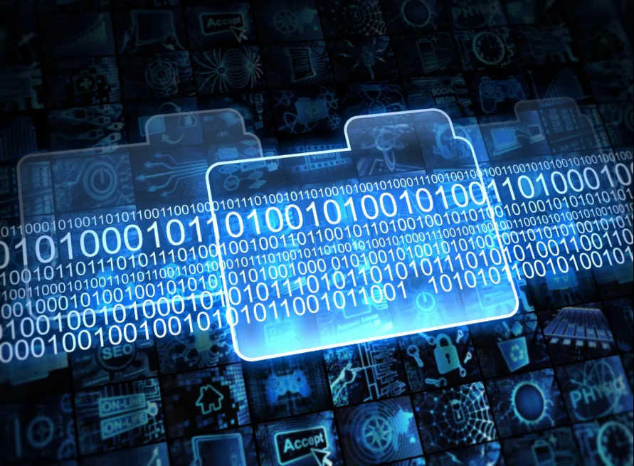 Illustration of a glowing folder filled with binary digits, against a wall of data and application icons.