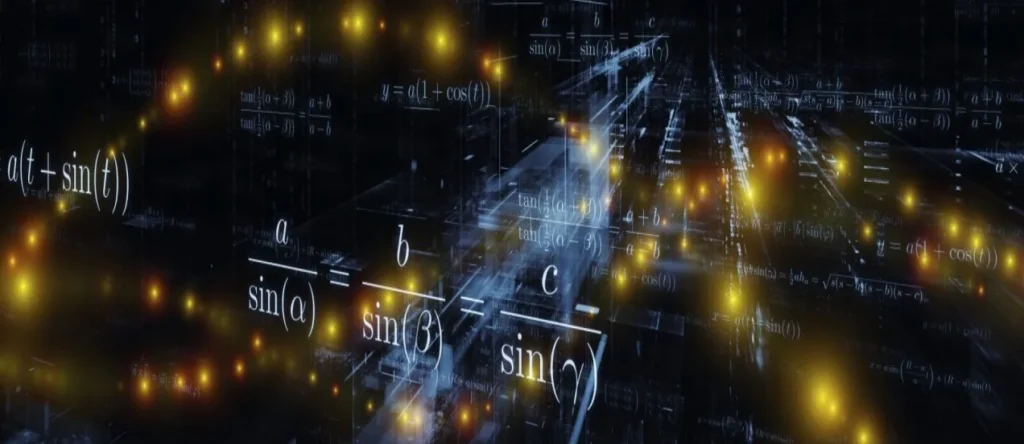 Mathematical formulae and trigonometric identities glowing over a dark background.