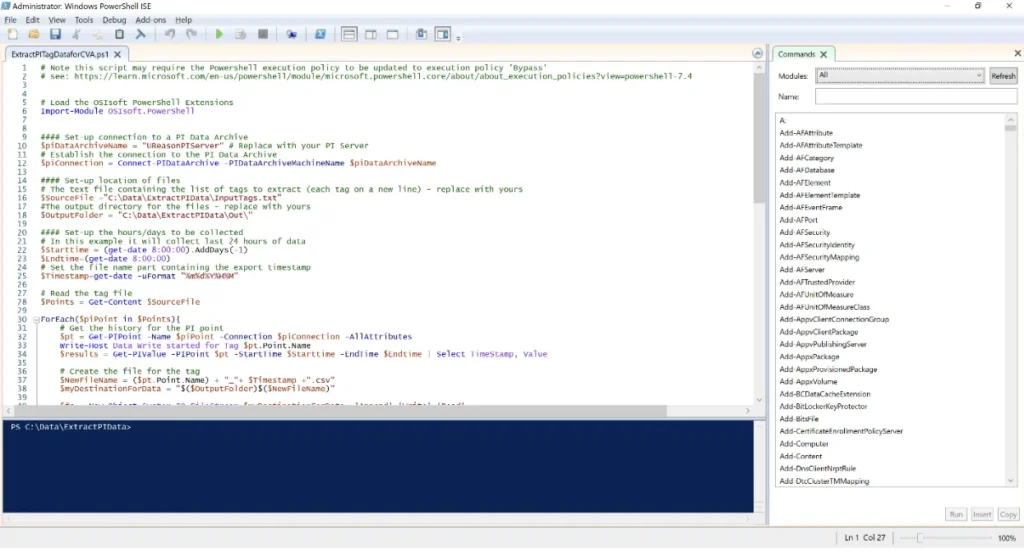 Windows PowerShell ISE window running a script that connects to an AVEVA PI data archive and exports tag history to CSV files, with the command add-ins panel open on the right.