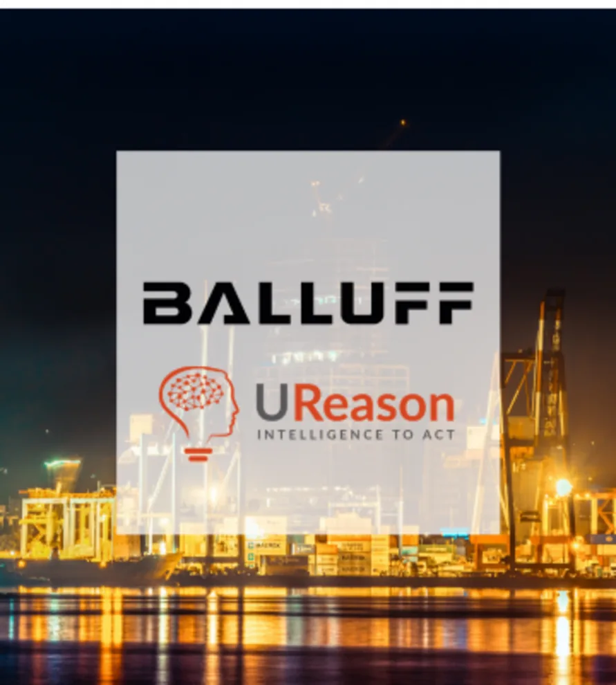 Balluff and UReason logos over a night photograph of a container port.