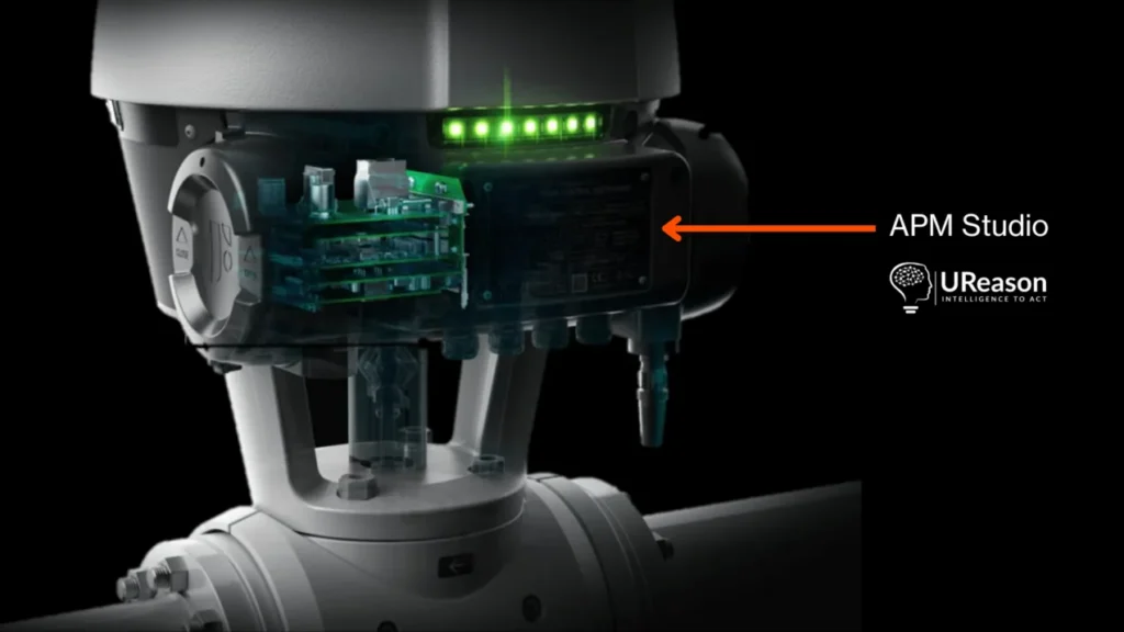 Cutaway of a smart valve actuator showing its internal electronics, annotated with an arrow labelling APM Studio, alongside the UReason logo.