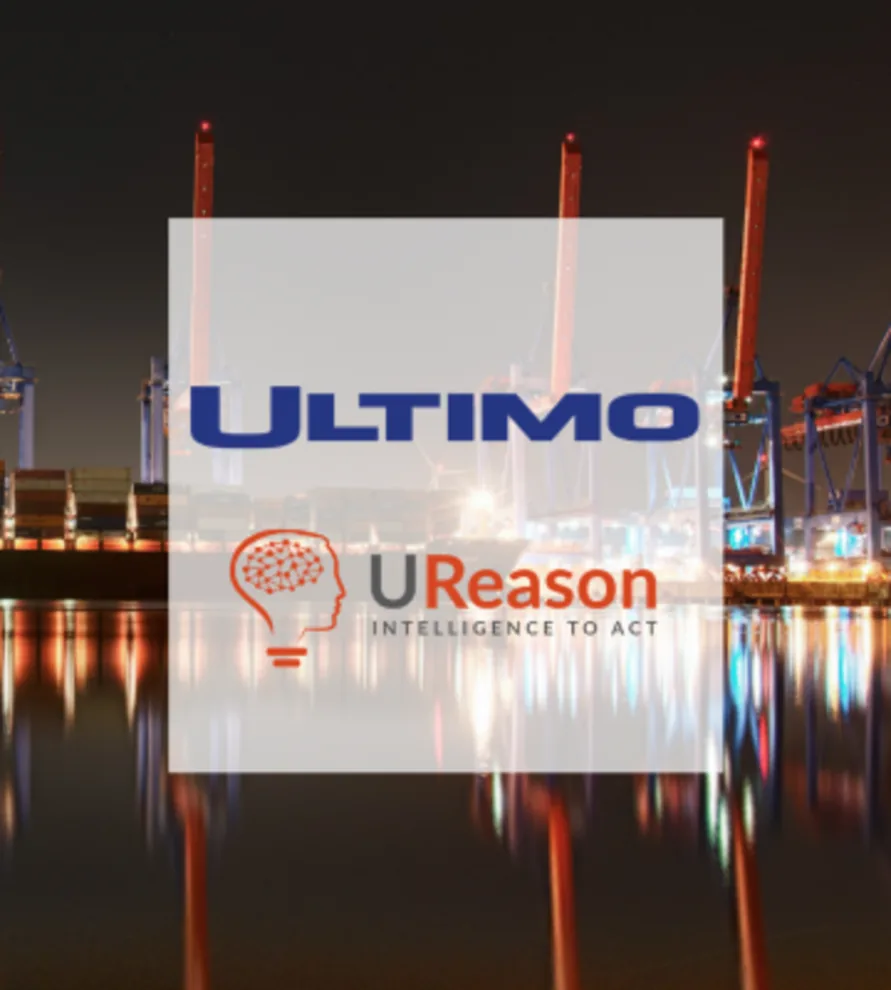 Ultimo and UReason logos over a night photograph of a container port.