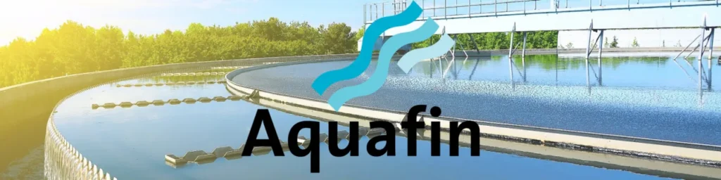 Aquafin logo over an aerial photograph of circular clarifier tanks at a water treatment works.