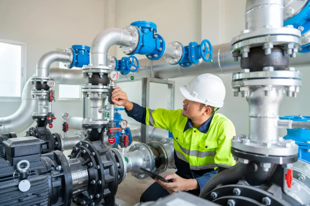 Engineer in a hard hat and high-visibility top adjusting a valve on stainless steel pipework, holding a tablet.