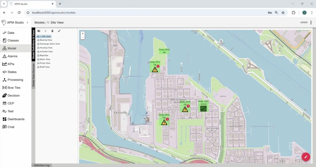APM Studio map view, showing pump objects plotted on a site map of an industrial terminal with green and amber status markers.