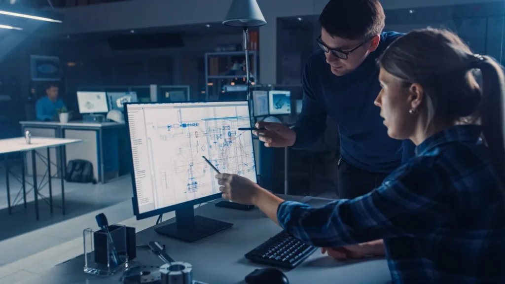 Two colleagues studying a process schematic on a large monitor in a darkened office, one pointing at the screen.