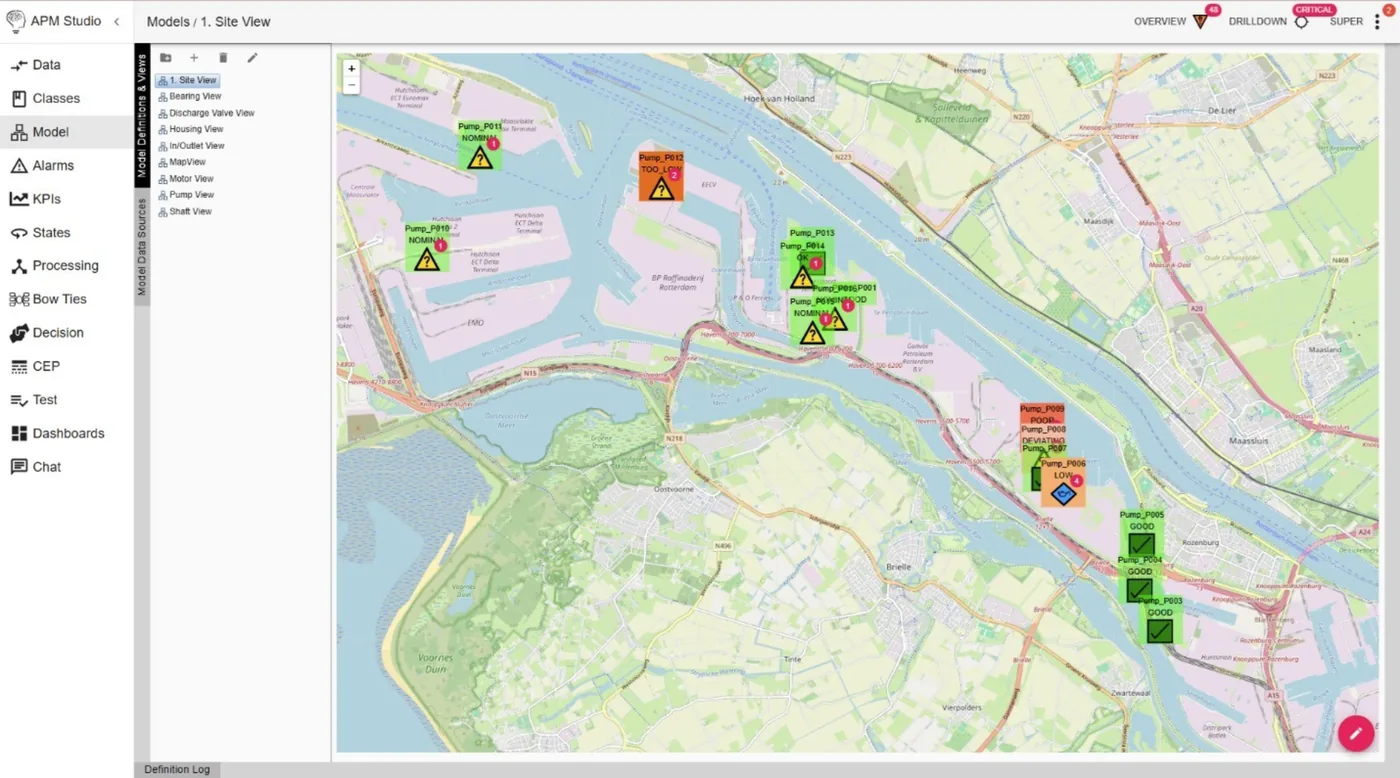 Visualize in Web-Based Real-Time Dashboards A screenshot of APM Studio's site view displaying an interactive map with various pump locations marked by status indicators. The left panel lists different equipment views, while the map highlights pump conditions using color-coded alerts (green for good, orange for warnings, and red for critical issues). The interface includes options for alarms, KPIs, processing, and dashboards, supporting real-time asset monitoring and decision-making.
