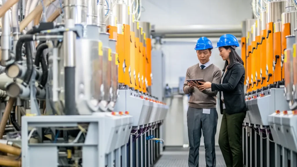 Two colleagues in hard hats reviewing a tablet on a factory floor, beside a row of orange processing machines.