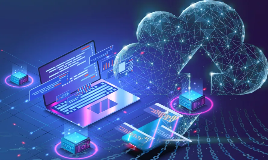 Illustration of cloud computing: a laptop and servers exchanging data with a glowing network cloud above a field of binary digits.