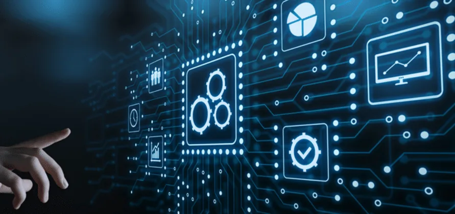 Hand reaching toward a translucent interface of monitoring, analytics and reporting icons on a circuit-board background.