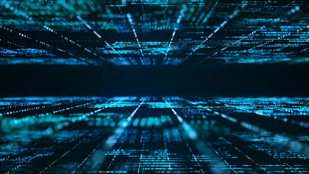 Abstract illustration of streaming data, rendered as receding lines of glowing teal digits.