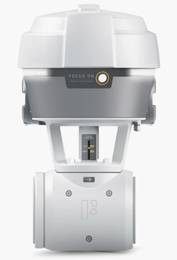 Product photograph of a smart valve positioner mounted on an actuator, with a valve position indicator showing open and closed markings.