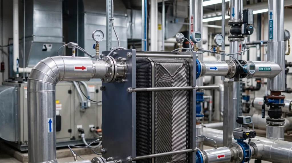 Stainless steel plate heat exchanger in a plant room, connected to insulated pipework with pressure gauges, flow meters and chilled water return lines.