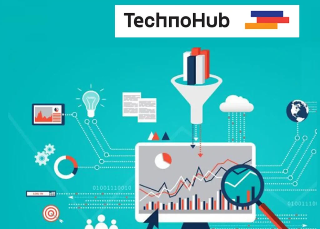 TechnoHub data analytics graphic: a funnel drawing documents into charts and dashboards, surrounded by icons for data sources, cloud storage and analysis.