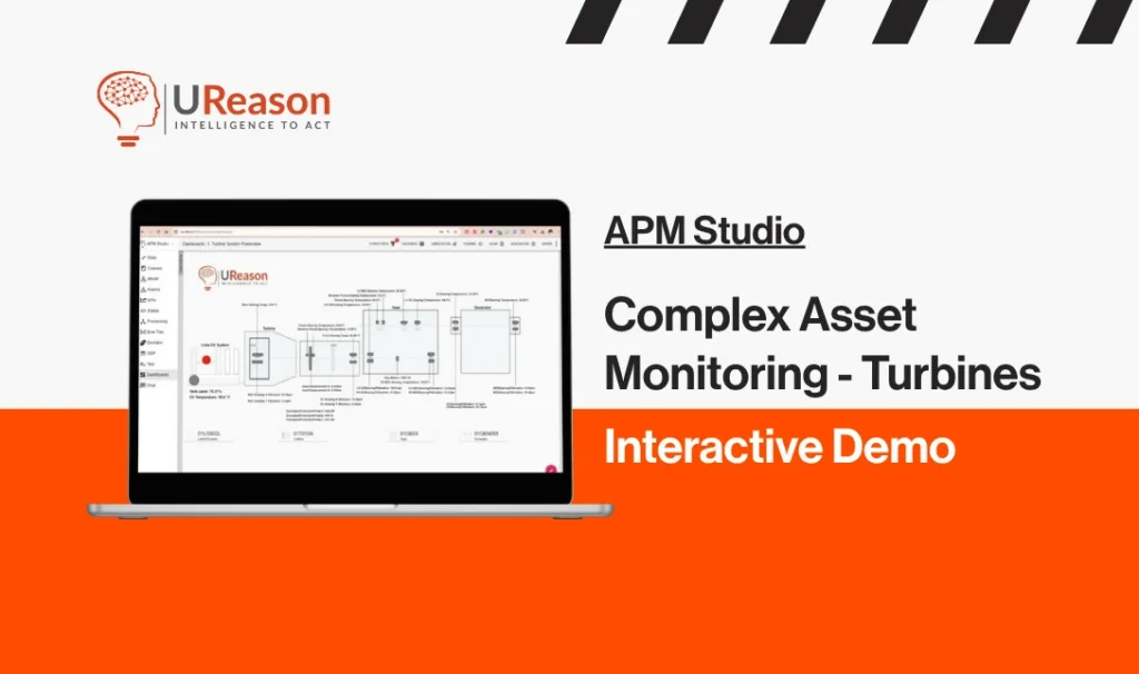 UReason interactive demo card for APM Studio: Complex Asset Monitoring for Turbines, shown on a laptop displaying a turbine schematic with connected component blocks.