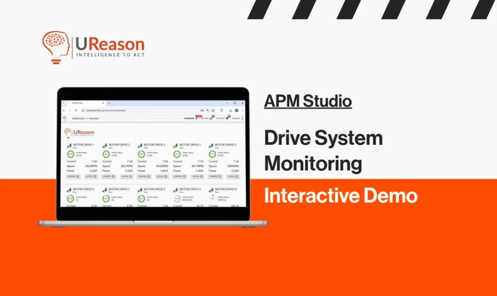 UReason interactive demo card for APM Studio: Drive System Monitoring, shown on a laptop displaying an overview of motor drives with health status, current, speed and power.