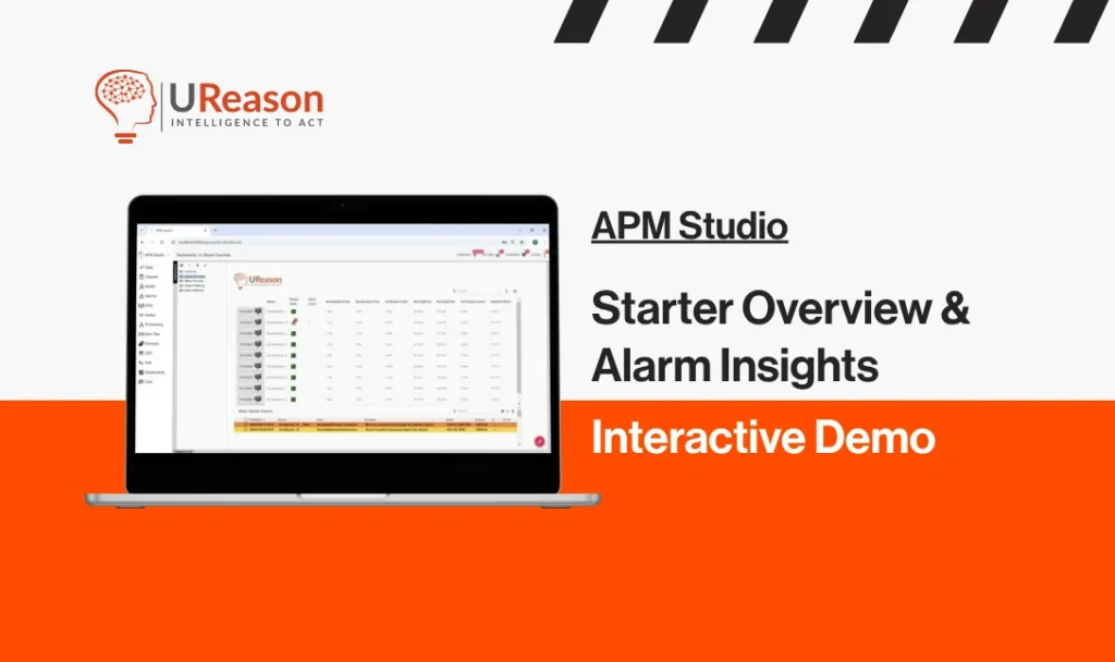 UReason interactive demo card for APM Studio: Starter Overview and Alarm Insights, shown on a laptop displaying a list of starters with status indicators and highlighted alarm rows.