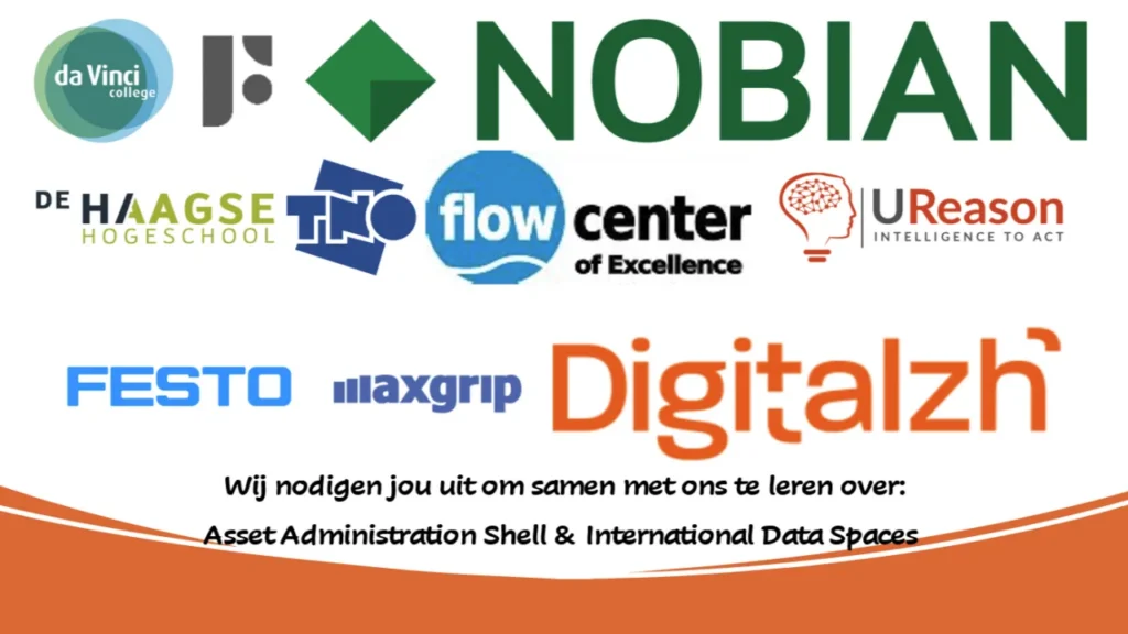 Event banner for an Asset Administration Shell hackathon, carrying the logos of Da Vinci College, Nobian, De Haagse Hogeschool, TNO, Flow Center of Excellence, UReason, Festo, Maxgrip and Digitalzh, with a Dutch invitation to learn together about Asset Administration Shell and International Data Spaces.