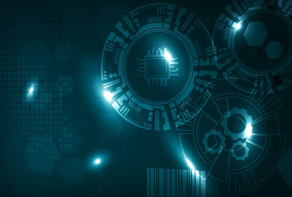 Abstract technology illustration of a glowing microchip at the centre of concentric circuitry and gear shapes on a dark teal background.