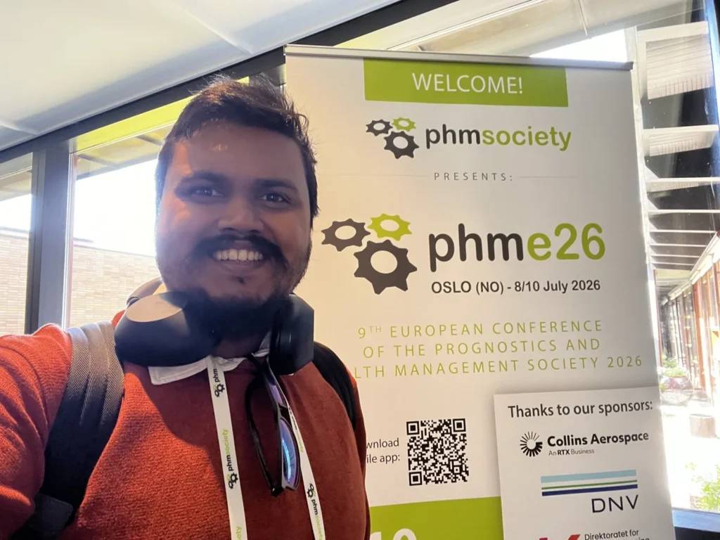 Welcome banner for PHMe26, the ninth European Conference of the Prognostics and Health Management Society, held in Oslo 8-10 July 2026, with a conference attendee in the foreground.