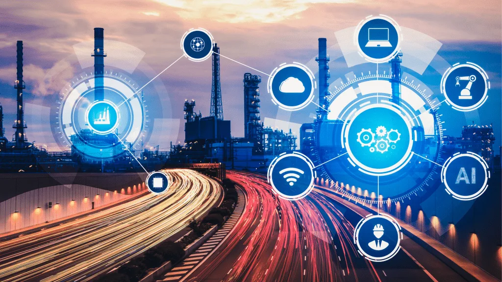 Industrial plant at dusk overlaid with glowing icons for cloud, robotics, AI, connectivity and monitoring, with light trails along a road in the foreground.