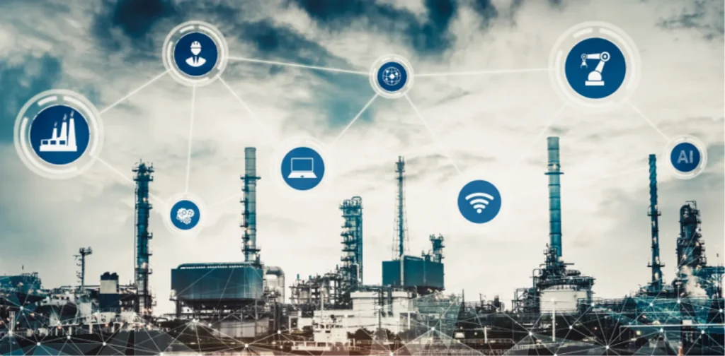 Industrial plant skyline overlaid with connected icons for factory, robotics, AI, connectivity and monitoring.