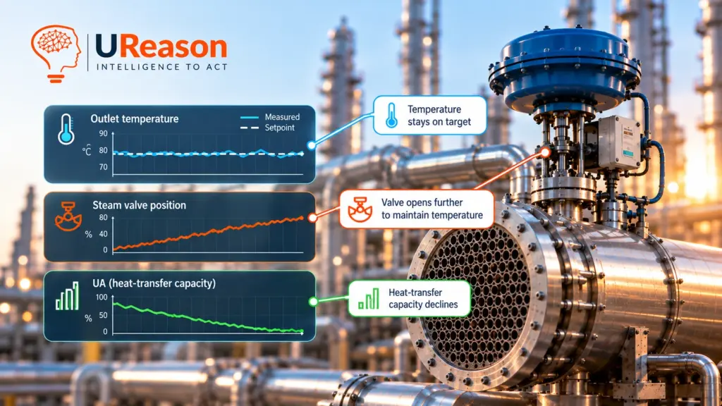 UReason infographic showing how heat exchanger fouling can be identified through DCS data, with stable outlet temperature, increasing steam valve opening, and declining heat-transfer capacity (UA).