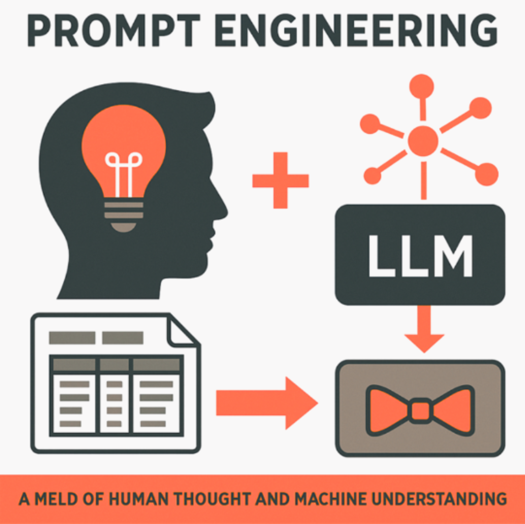 Illustration of a human head with a lightbulb, a plus sign, an LLM icon, and arrows showing how human ideas combine with large language models to produce structured outputs.