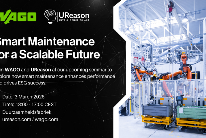 Promotional banner for the UReason and WAGO seminar titled 'Smart Maintenance for a Scalable Future', taking place on 3 March 2026 at Duurzaamheidsfabriek from 13:00 to 17:00 CEST. The banner features both company logos, key event details, and an orange 'Learn More' button. The background includes a clean industrial facility with robotic arms in action.