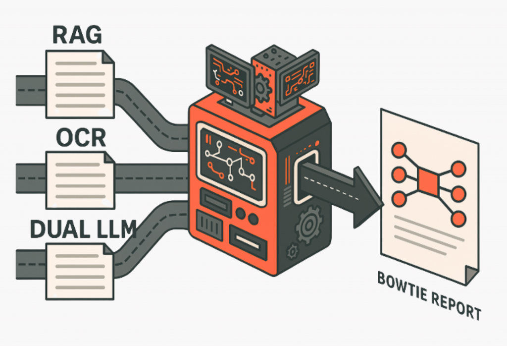 Illustration of a machine converting inputs labeled RAG, OCR, and Dual LLM into a structured Bowtie Report. Three document streams enter a central processing box with circuit-style graphics, and a single arrow outputs a finished Bowtie diagram on a report sheet.