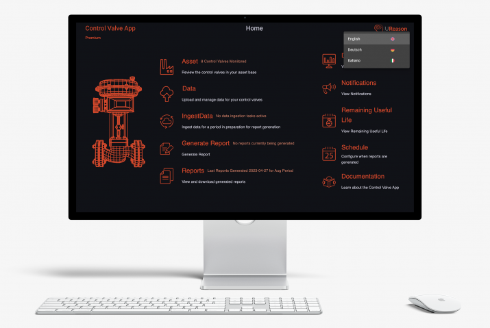 Mock-up of a desktop screen with the Control Valve App Premium version homepage user interface