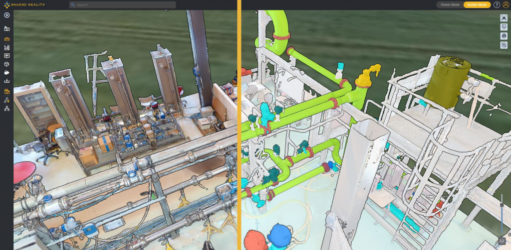 Shared Reality interface showing the processed 3D model of the flow loop after NavVis VLX scan, with equipment and pipelines clearly visualized for digital navigation and maintenance planning.