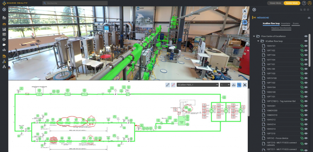 Flow loop assets digitally connected to P&ID and equipment metadata inside Shared Reality, enabling smart navigation and visual validation.