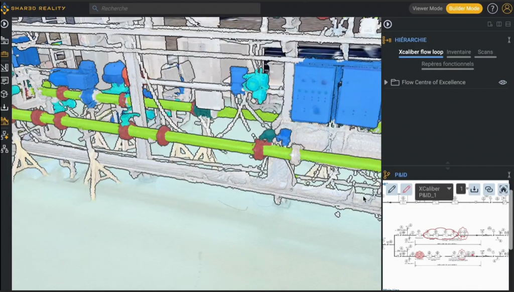 Linked P&ID view within Shared Reality showing 3D scan of the facility, enabling traceability of piping, valves, and instrumentation.